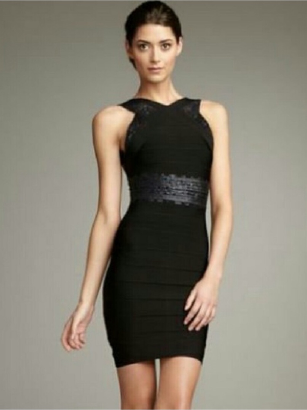 Hervé Léger Signature Bandage Dress crossover neckline leather disc sequins - M